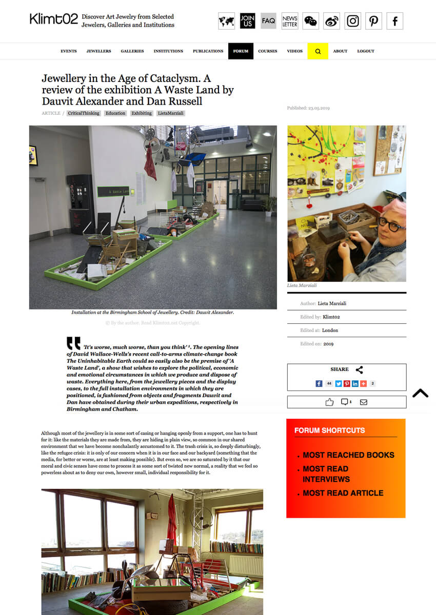 JEWELLERY IN THE AGE OF CATACLYSM. Dauvit Alexander and Dan Russell: A Waste Land (Vittoria Street Gallery, Birmingham, and Sun Pier Gallery, Chatham) - in Klimt02 (May 2019)