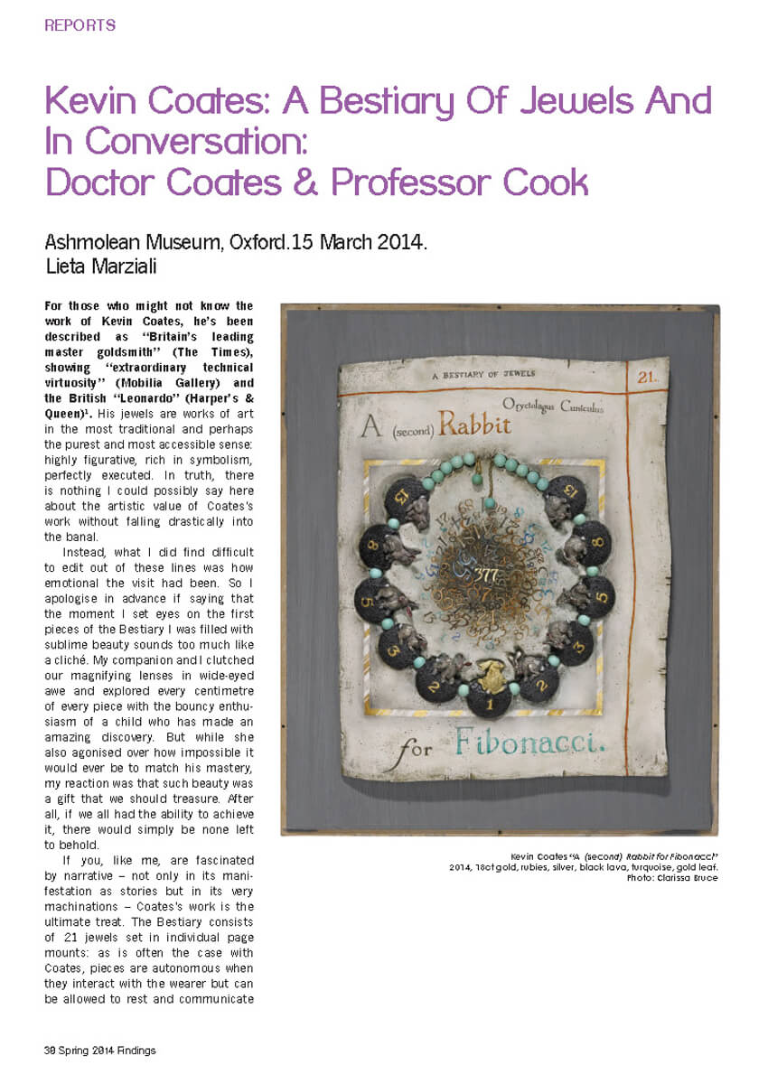 KEVIN COATES: A BESTIARY OF JEWELS and In Conversation with Prof. Cook (Ashmolean Museum, Oxford) - in Findings 58, Spring 2014