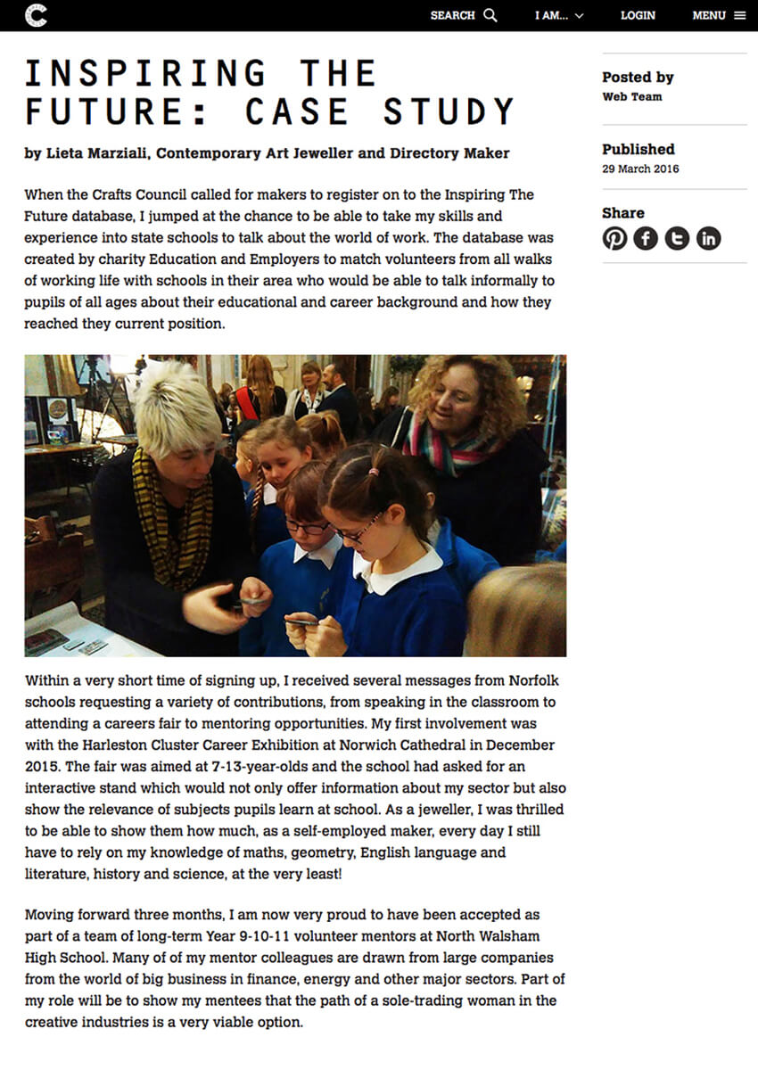 INSPIRING THE FUTURE: CASE STUDY - in Crafts Council (UK) website, March 2016