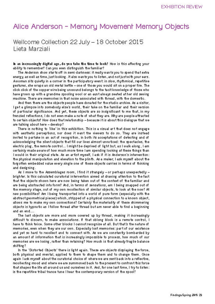 ALICE ANDERSON (Wellcome Collection, London) - in Findings 62, Spring 2016